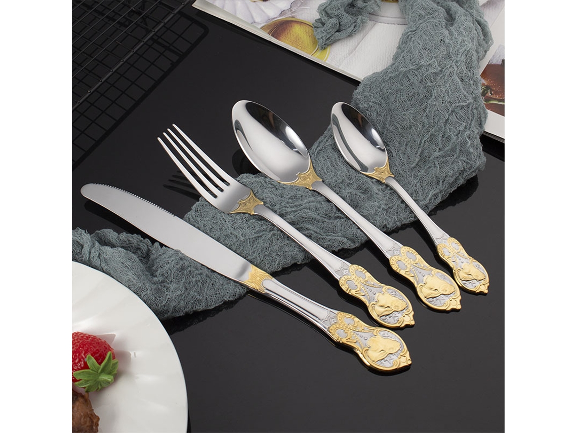 Conjunto De Talheres De Aço Inoxidável(4 Peças,modelo Coelho)faca,garfo E Colher-talheres Com Acabamento Dourado E Detalhes Retrô Em Relevo
