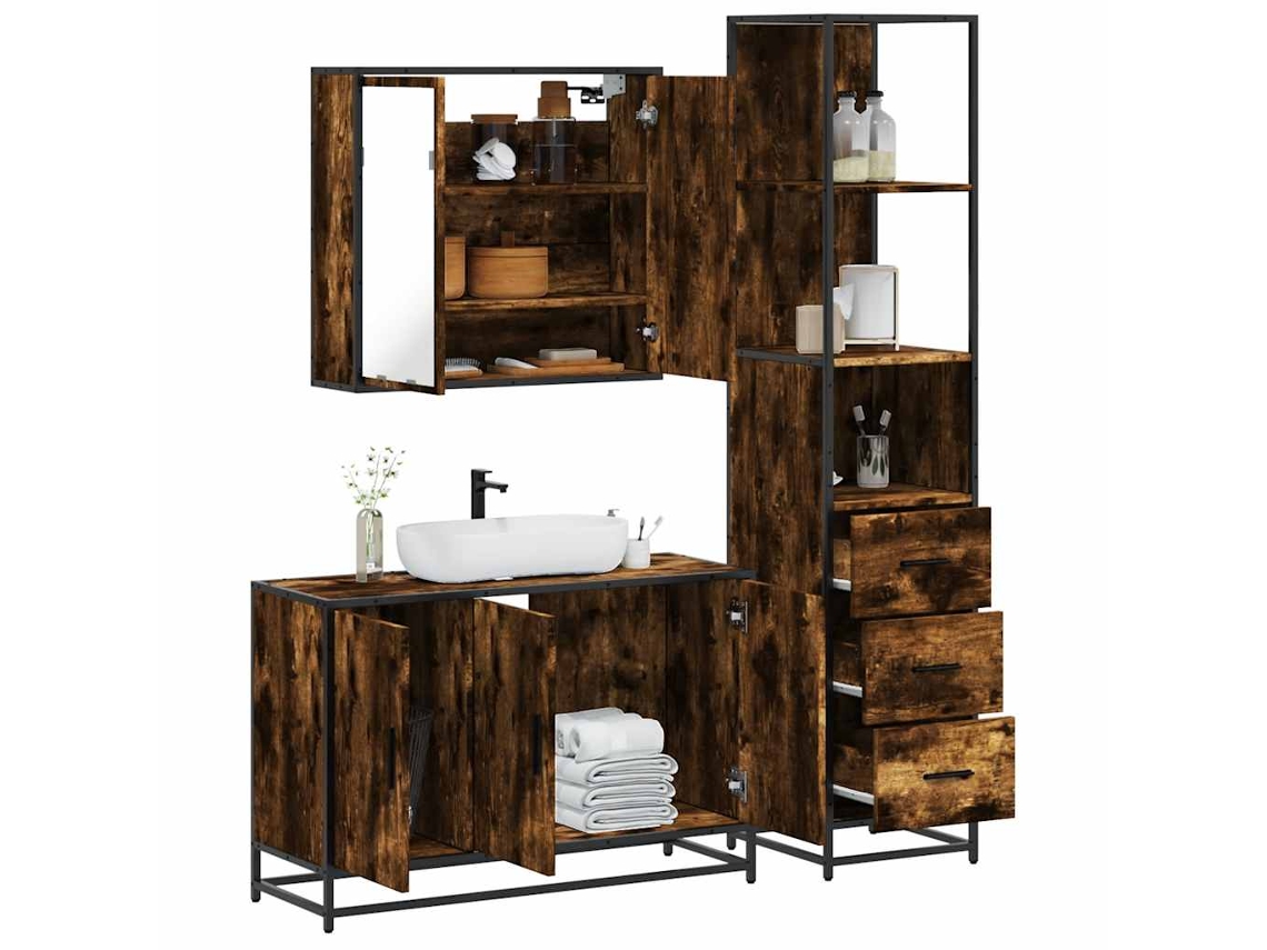 Vidaxl 3 Pcs Conjunto De Móveis Wc Madeira Processada Carvalho Fumado