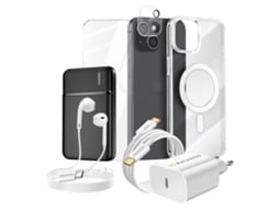 Mayaxess Coffret Iphone 15 Capa Filmes Carregador Powerbank Protetor De Câmera Cabo De Fone De Ouvido Transparente
