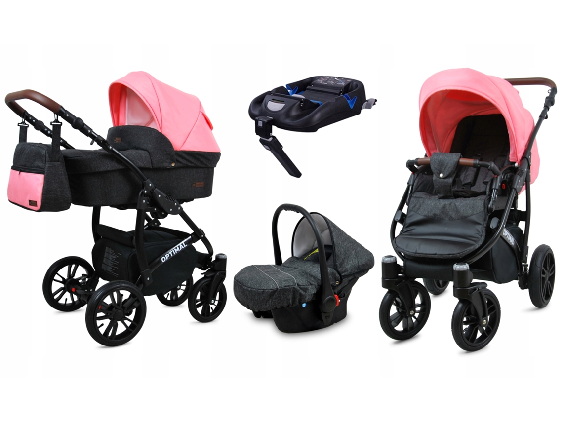 Carrinho De Bebé Multifuncional Babylux Optimal 4 Em 1 -black Coral Black Frame - Ajustável E Dobrável Construção Leve Em Alumínio - Acessórios