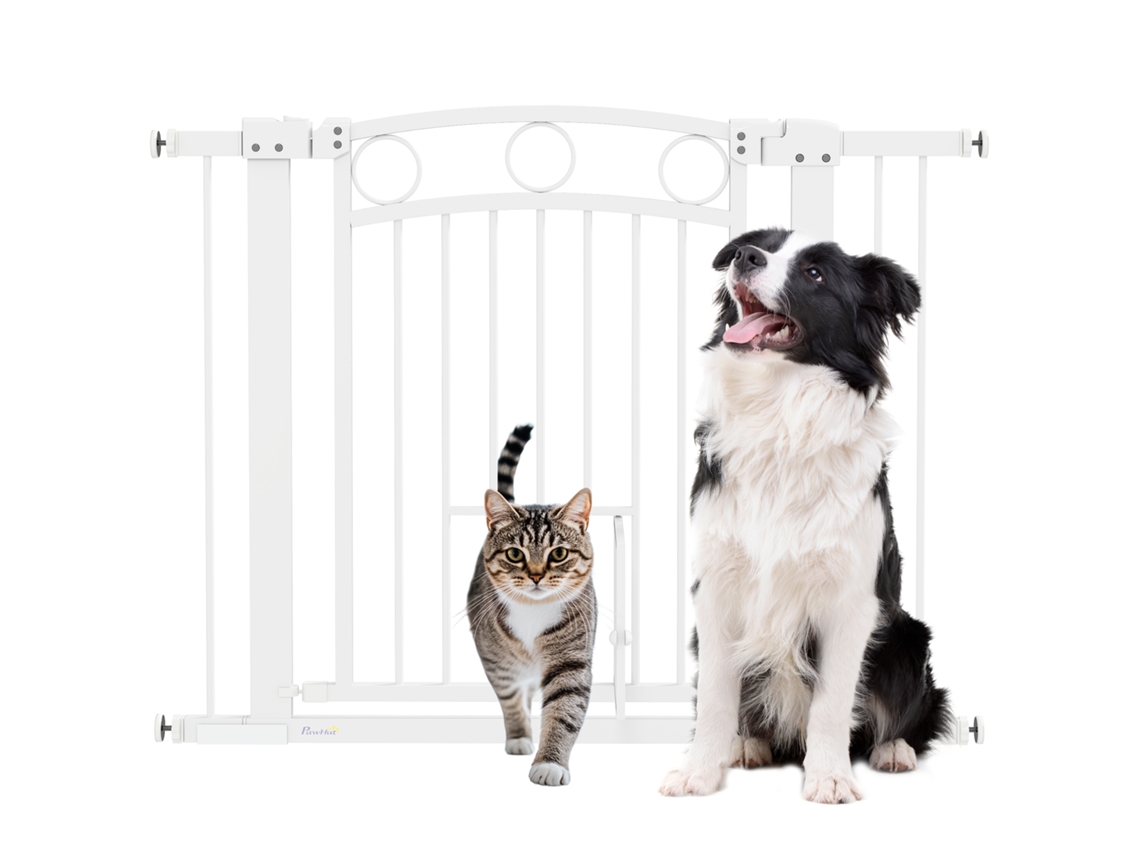 Portão Protetor 77cm, Largura Ajustável 76-104cm, Com Passagem Gato, Branco