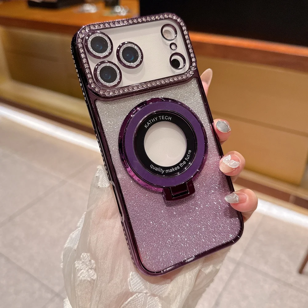 (roxo, Iphone 12) Capa De Celular De Alta Qualidade Com Strass Brilhantes E Suporte Magnético Para Carregamento Sem Fio.