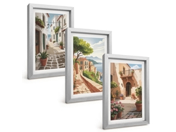 Galeria De Pinturas Muraisruas, Casas, Plantas, Vasos Moldura Prateada Fotos Para O Escritório Espelharte (3 Peças 20x30 Cm)