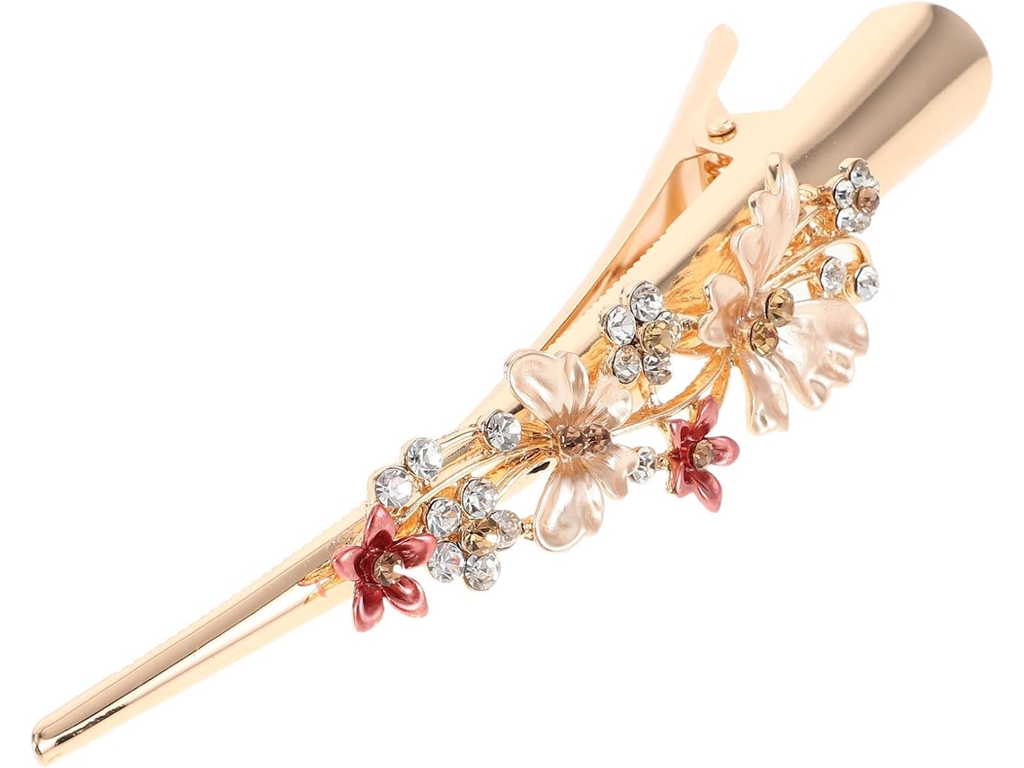 Presilha de cabelo decorativa em metal com desenho floral, tamanho grande, em formato bico.