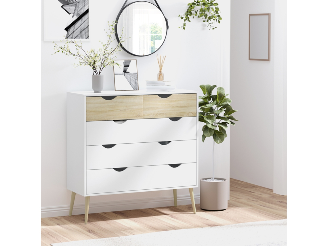 Cómoda com 5 Gavetas Gaveteira de Quarto Pés Madeira Estilo Nórdico 99x39x101 Cm Branco e Carvalho