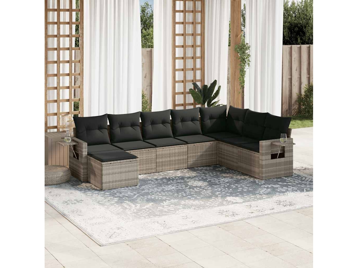 Vidaxl 8 Pcs Conj. Sofás Jardim C/ Almofadões Vime Pe Cinzento-claro