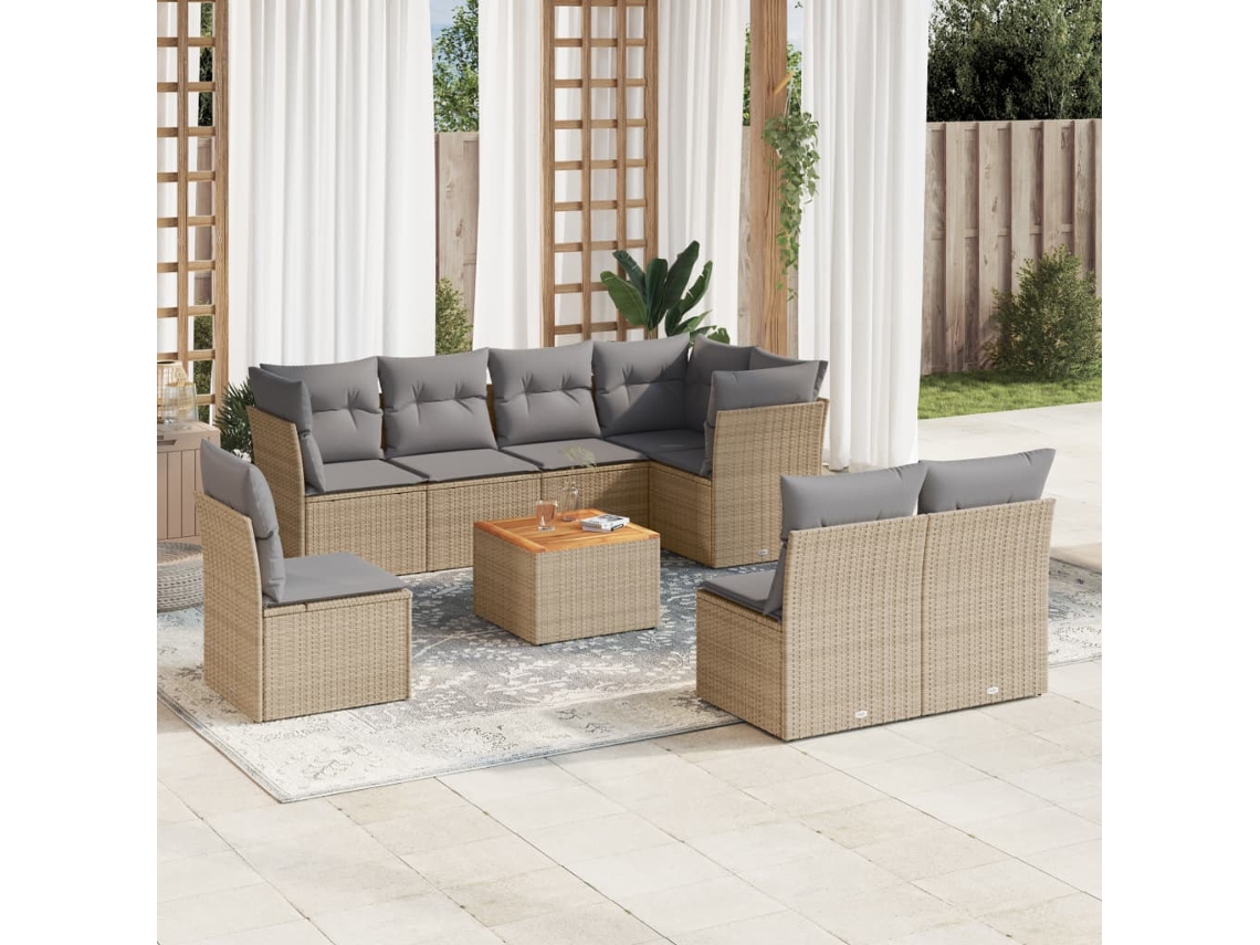 Vidaxl 9 Pcs Conj. Sofás Jardim C/ Almofadões Vime Pe Bege Misturado
