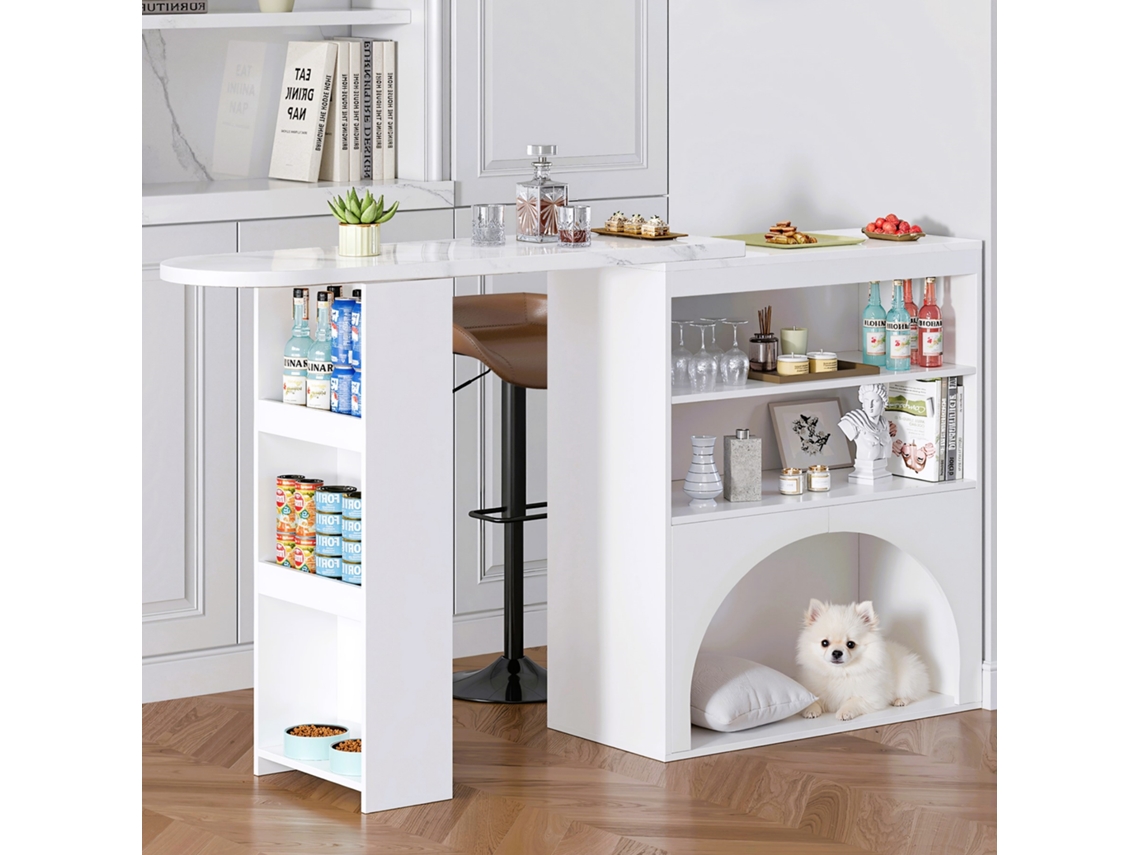 Mesa de bar moderna e extensível com área para animais de estimação PAPRIKA, mesa alta giratória em mármore branco (120x40x100 cm)