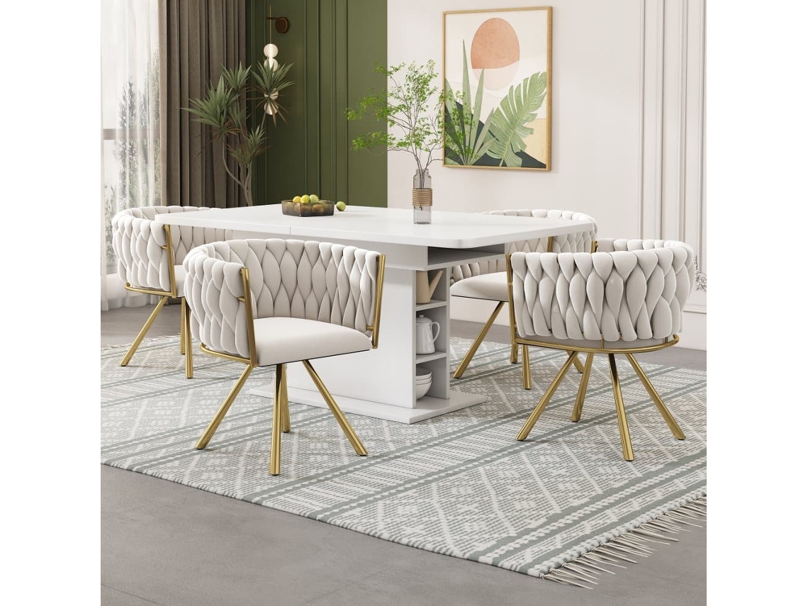 Cadeira De Jantar Individual - Poltrona Giratória De Luxo Para Sala E Quarto - Bege E Dourado