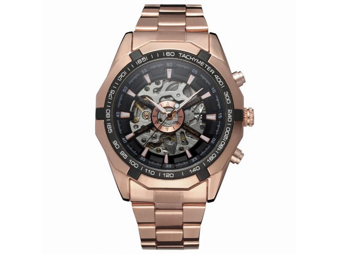 Relógio de bolso masculino Forsining com movimento mecânico analógico, ouro rosa e preto.