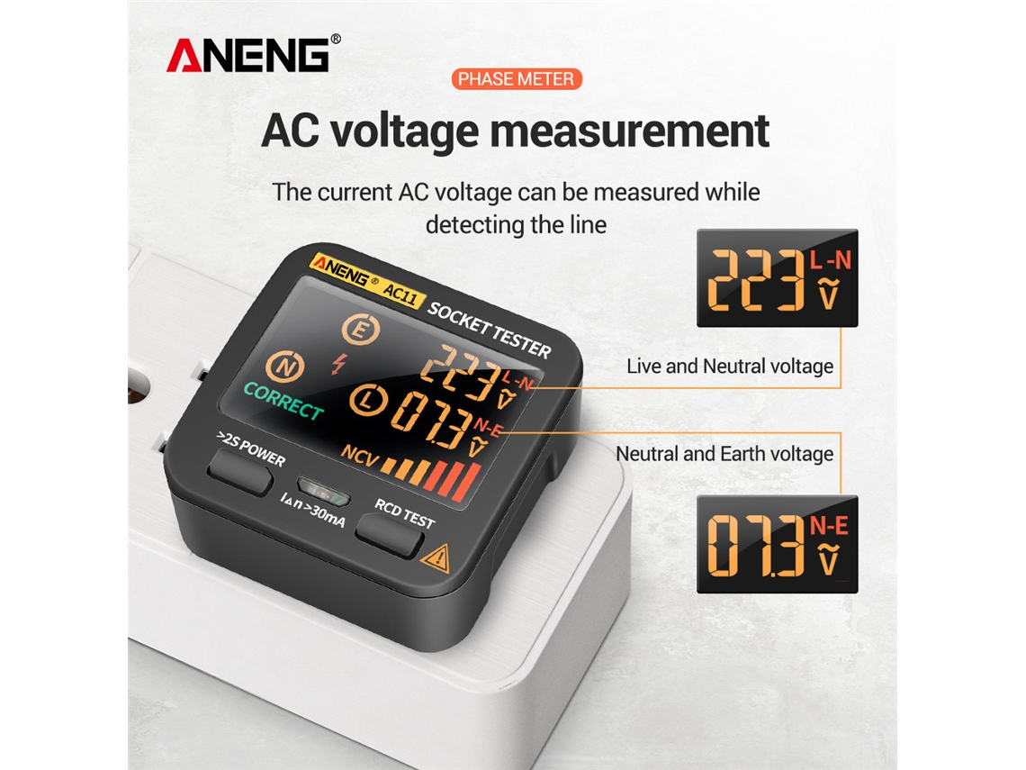 Testador de Tomada Aneng AC11, Detector de Vazamento Elétrico, LCD, RCD, NCV, Fio Terra, Neutro, Fase, Plugue UK | S/MARCA
