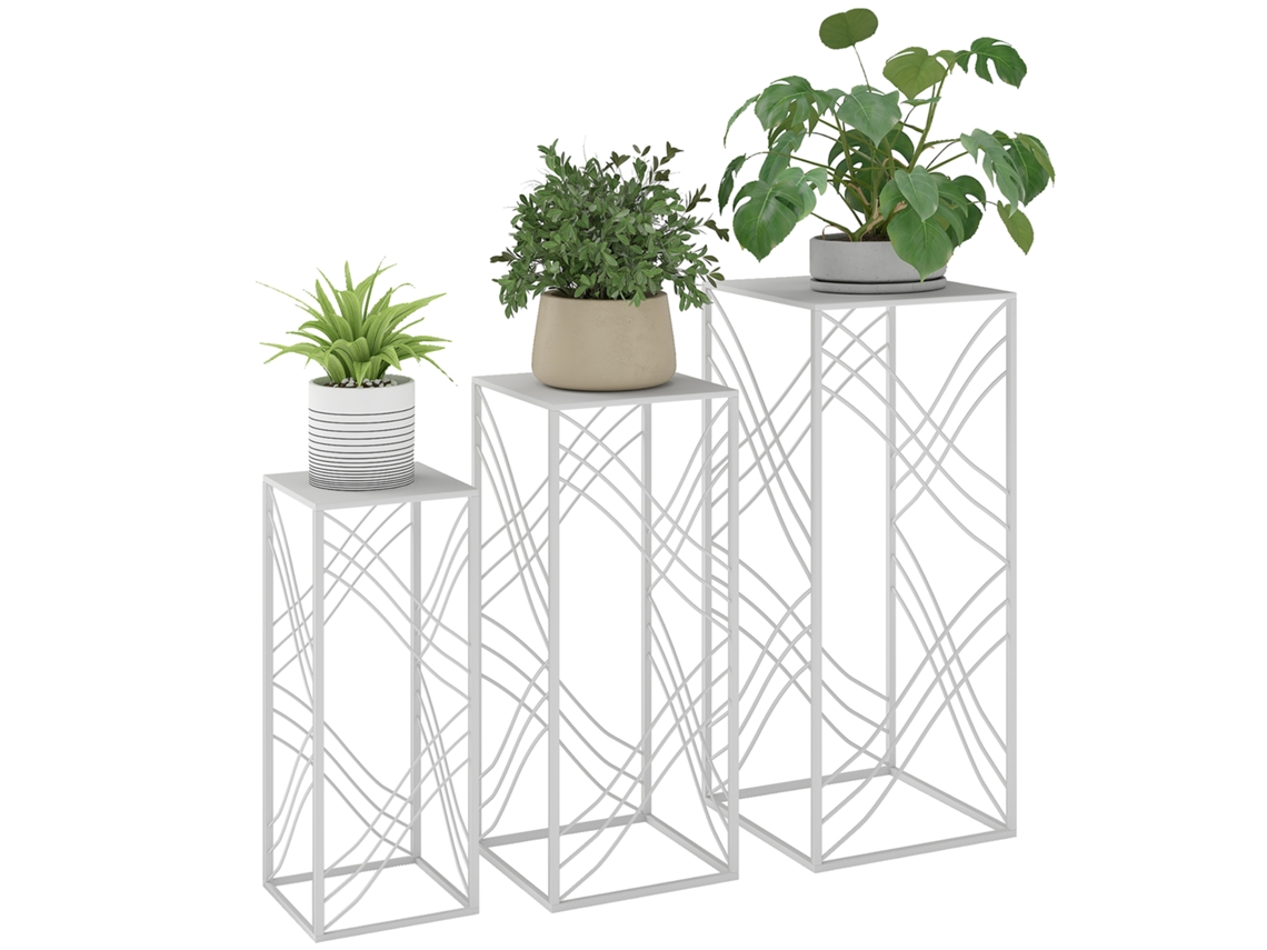 Conjunto 3 Suportes De Flores Metálicos Empilháveis, Alturas 50/60/70 cm, Interior Exterior, Branco