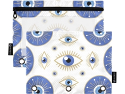 Pasta De 3 Anéis Azul Estilo Boêmio Com Estampa Olho, Janela Transparente E Datemento Com Zíper, Grande Armazenamento Para