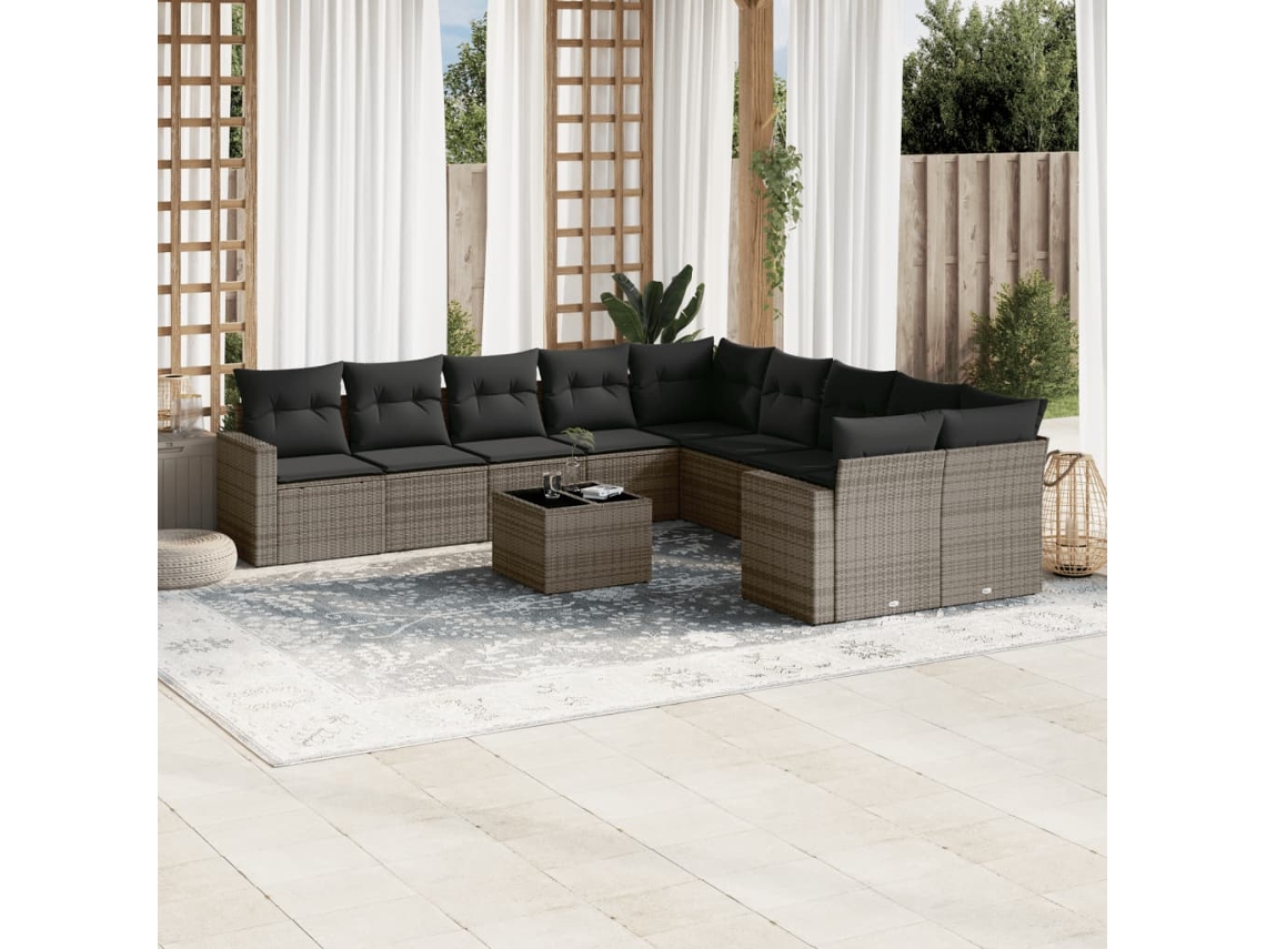 Vidaxl 11 Pcs Conjunto Sofás de Jardim C/ Almofadões Vime Pe Cinzento