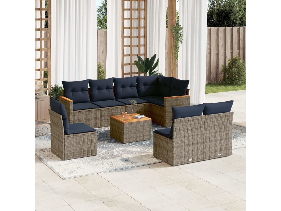 Vidaxl Conjunto De Sofá De Jardim De 9 Peças Com Almofadas Em Rattan Sintético Cinza