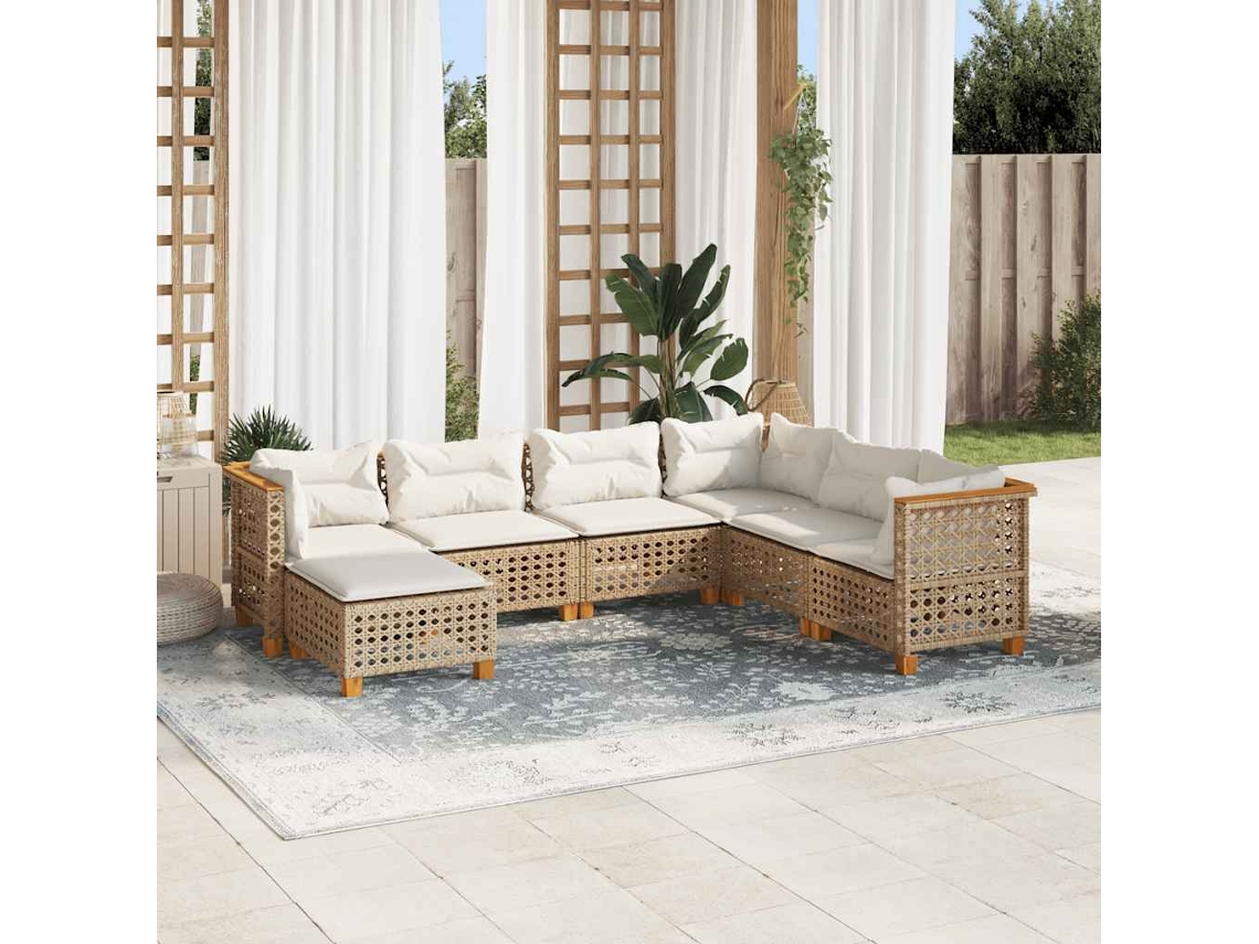 Vidaxl 7 Pcs Conjunto De Sofás P/ Jardim Com Almofadões Vime Pe Bege