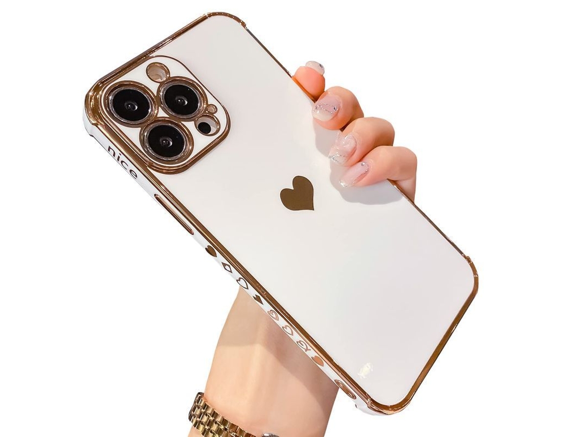 Capa para Iphone 13 Pro Max 6.7 Polegadas, Capa de Luxo com Coração de Platina para Mulheres, Anti queda e Sem Amarelamento