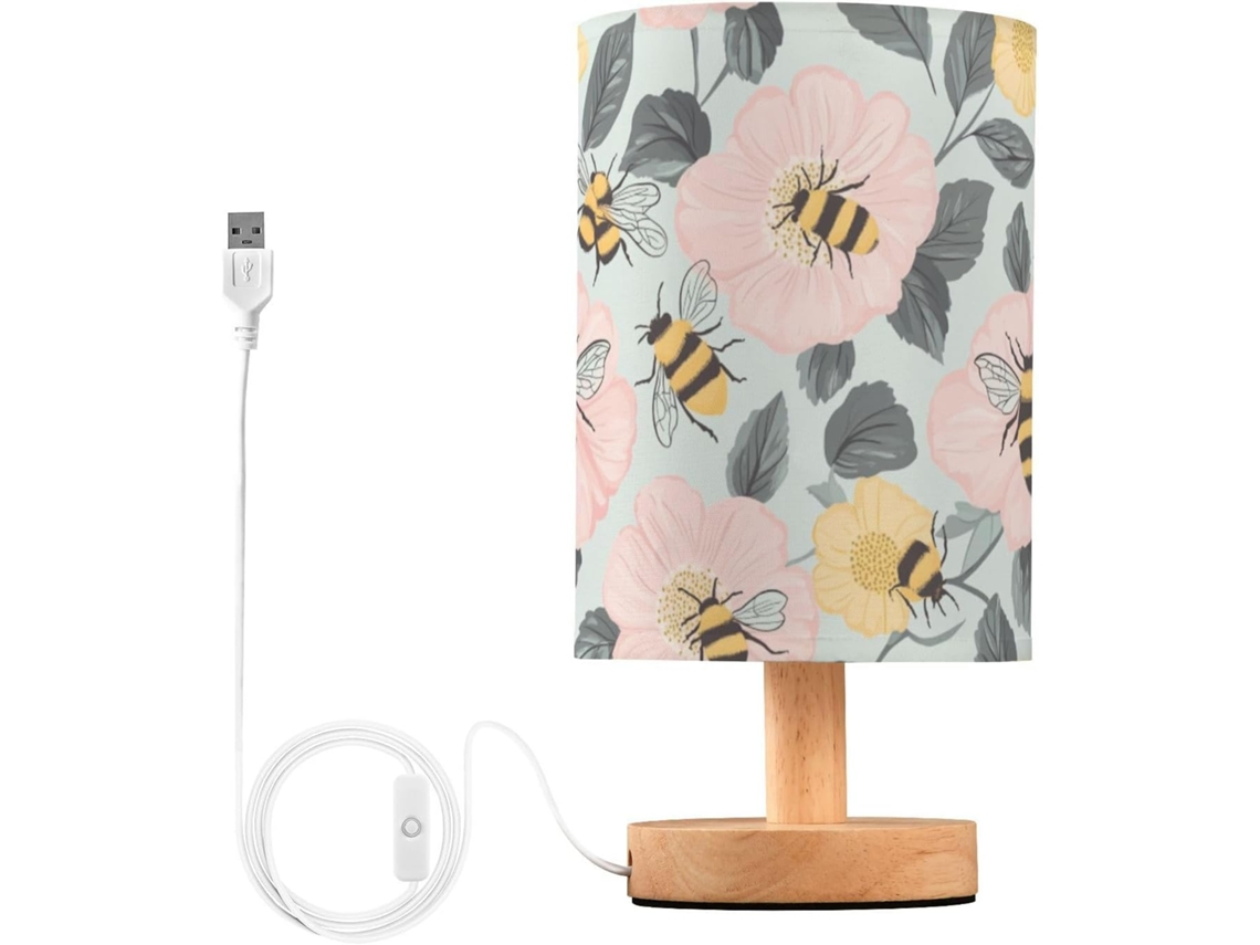 Abajur De Cabeceira Kcldeci Com Flor Abelha Amarela Para Quarto, Estilo Fazenda, Mesa De Cabeceira, Luminária De Mesa