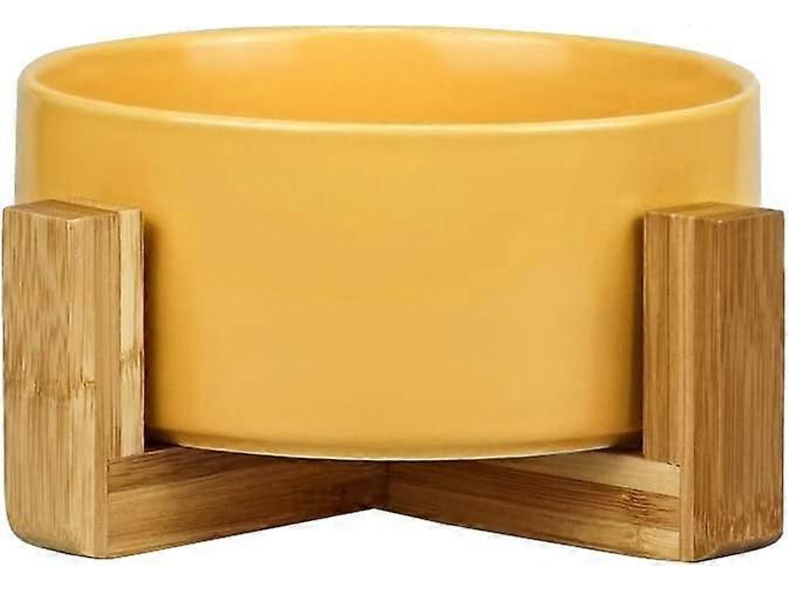 Tigela Amarela de Cerâmica para Gatos com Suporte de Madeira AQUAFORGE
