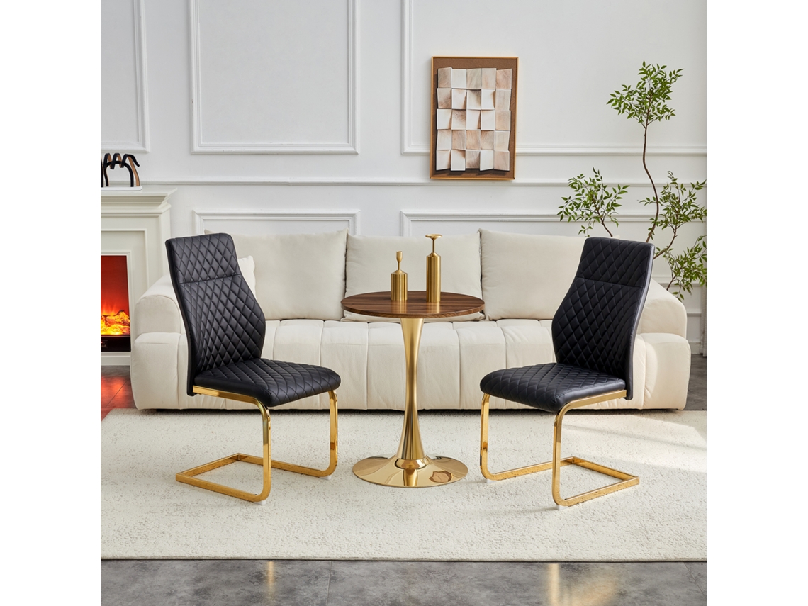 Conjunto Mesa Nogueira 60cm Pé Dourado 2 Cadeiras Pretas Diamante Dourado