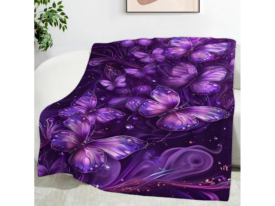 Manta Borboleta Roxa Estrelada 100x130 Cm Multifuncional Macia Confortável em Flanela Ideal para Cama Escritór
