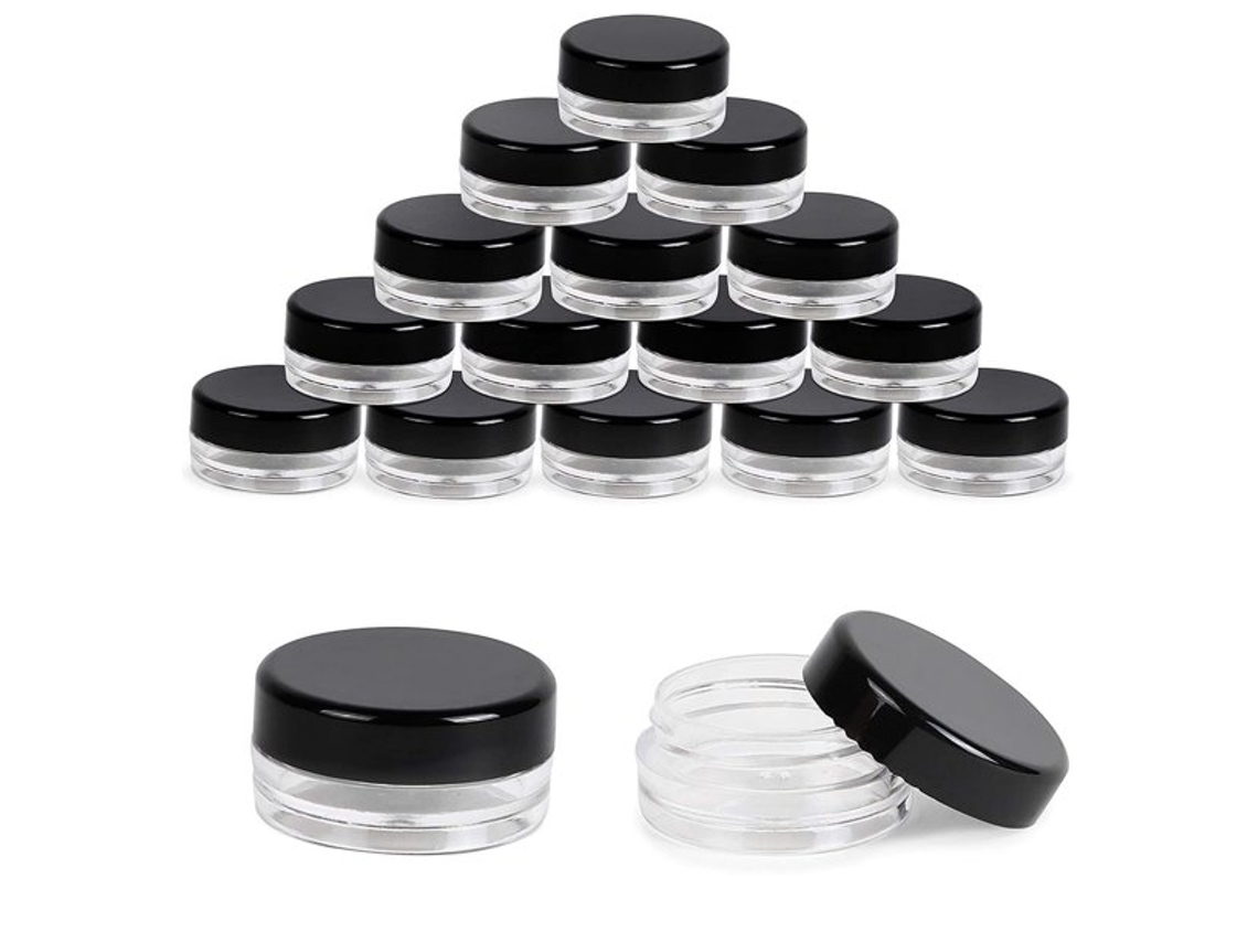 Pacote Com 60 Pequenos Frascos De Plástico Com Tampas Pretas, Etiquetas Incluídas, 3 Ml Cada