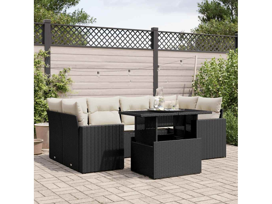 Vidaxl 7 Pcs Conjunto De Sofás P/ Jardim C/ Almofadões Vime Pe Preto