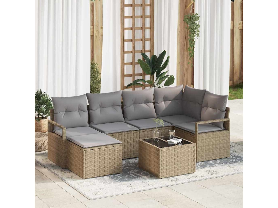 Vidaxl Conjunto De Sofás Com Almofada 7 Pcs Bege Vime Pe