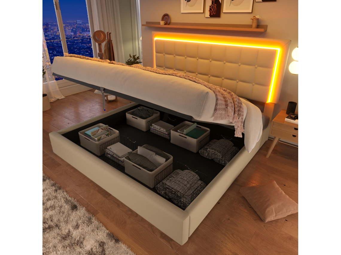 Cama Casal 160x200cm Com Led, Armário E Colchão De Couro Branco