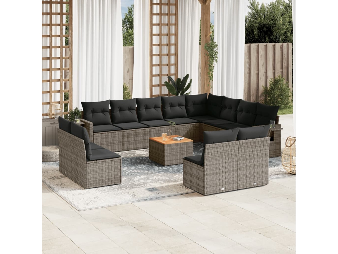 Vidaxl 13 Pcs Conjunto Sofás P/ Jardim C/ Almofadões Vime Pe Cinzento