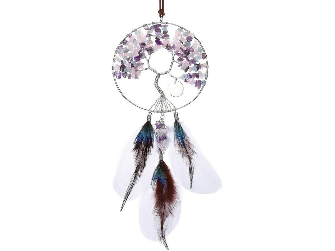 Colgante De Cazador De Sueños Con Cristal Curativo Y Plumas