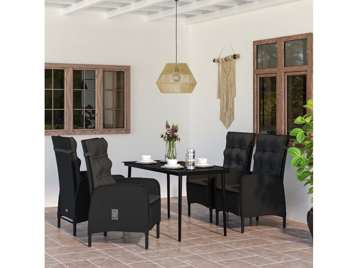 Vidaxl 5 Pcs Conjunto De Jantar P/ Jardim C/ Almofadões Preto