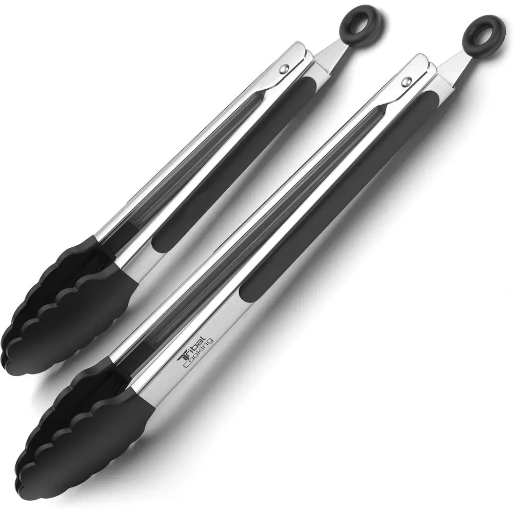 Pinças De Cozinha Em Aço Inoxidável (9 E 12 Polegadas) Com Estrutura Metálica Resistente Ao Calor E Cabos De Silicone Antiderrapantes