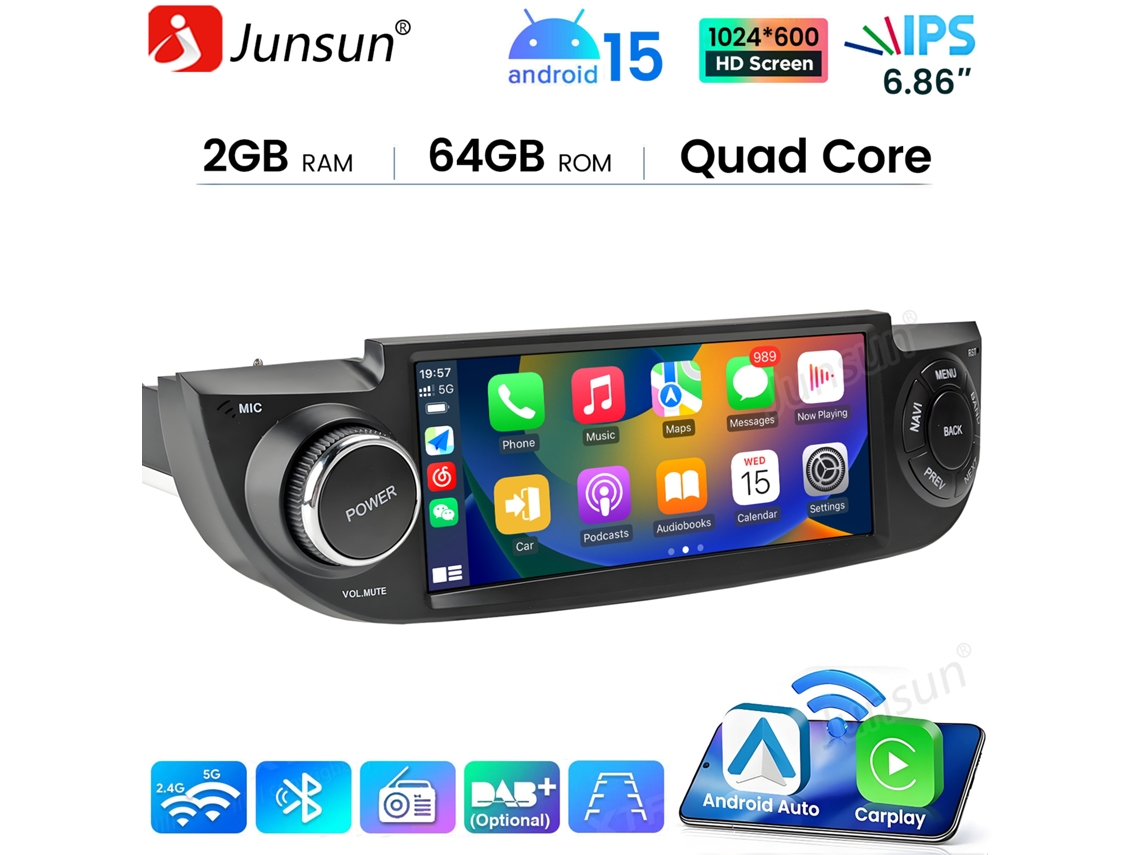 Autorádio Android 15 Para Fiat 500 2007-2015 2gb+64gb Gps Wifi Wireless Carplay Bluetooth Swc