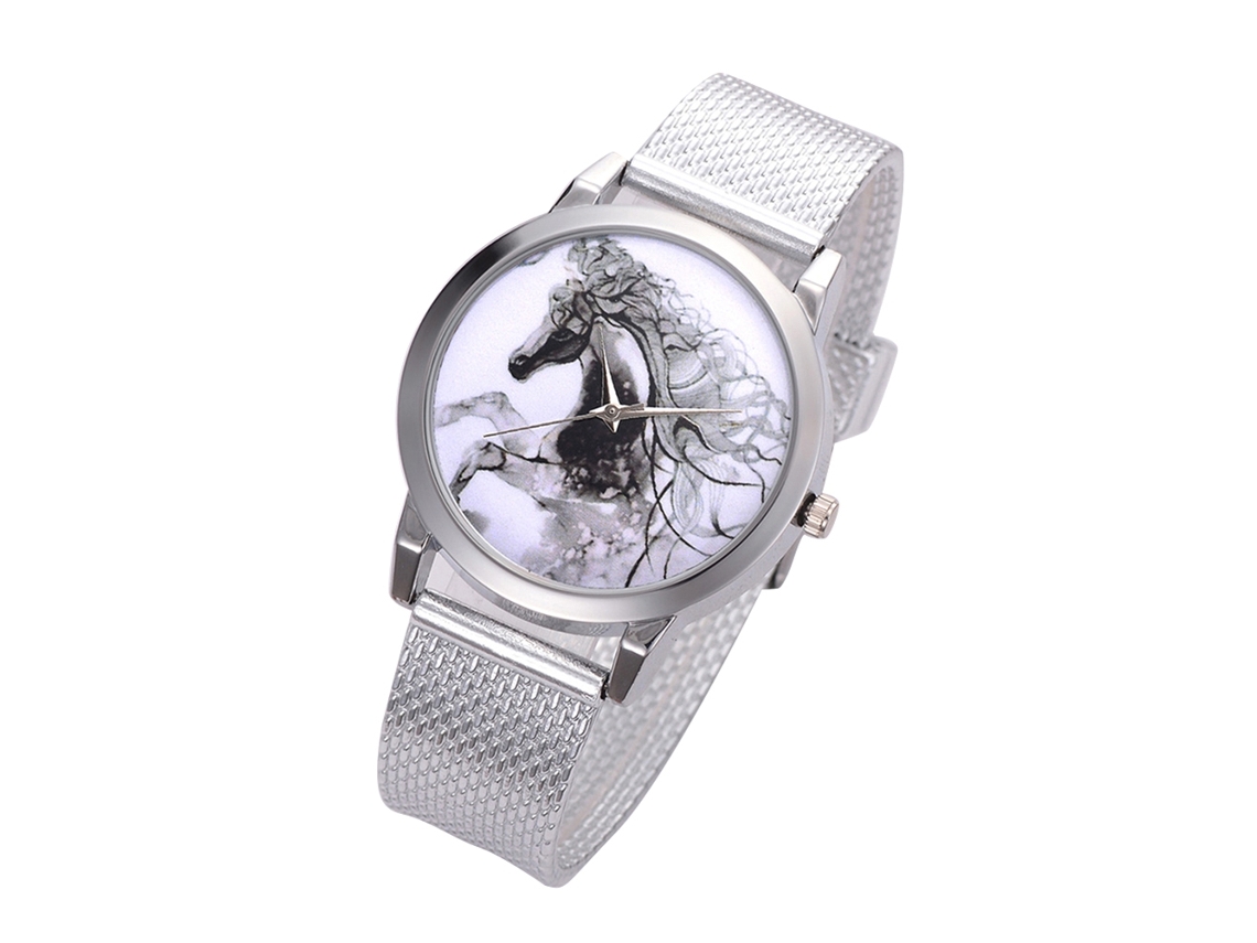 Relógio masculino de quartzo com pulseira de malha e mostrador redondo com estampa de cavalo (prateado)