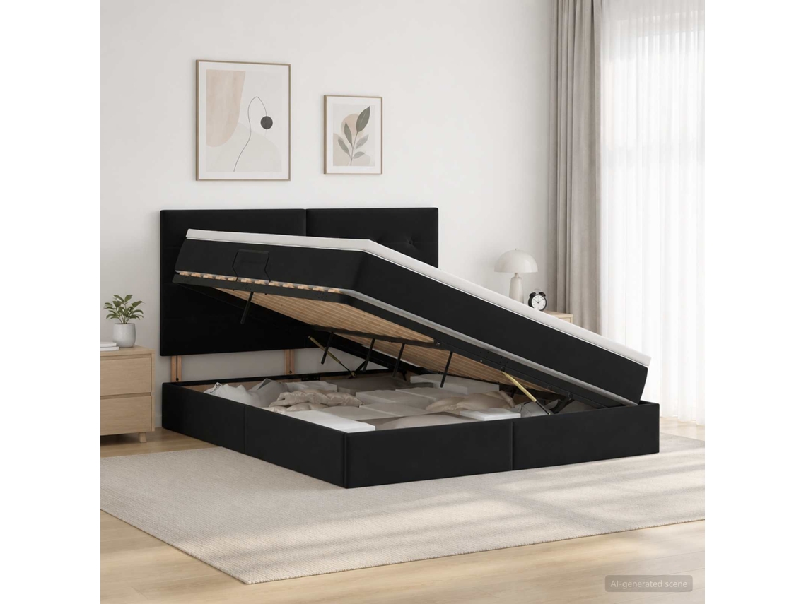 Vidaxl Cama Com Arrumação E Colchão Preto 180 X 200 Cm Veludo