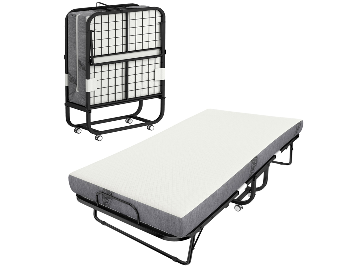 Cama De Solteiro Dobrável 200 X 80 Cm Com Colchão. Cama De Hóspedes Dobrável E Portátil Com Rodízios. Estrutura De Aço. Branca.