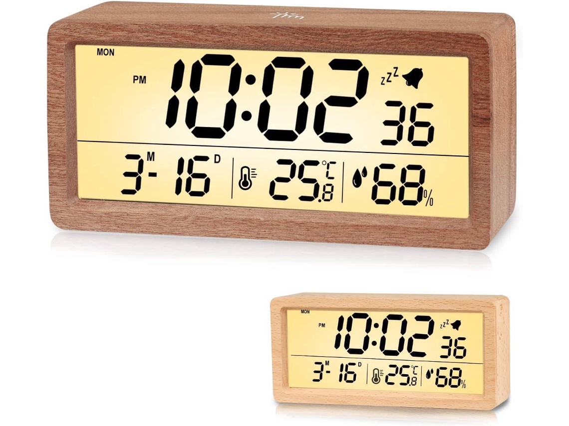Despertador Digital Madeira, Despertador LED Anti-Tique-Tique, Com Visor de Dados, Temperatura e Humidade, Função Soneca, Liptaptyn Castanho Escuro