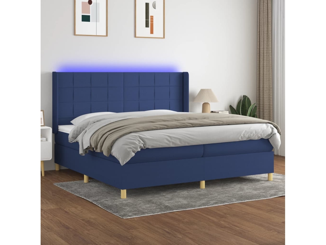 Vidaxl Cama Box Spring C/ Colchão E Led 200x200 Cm Tecido Azul