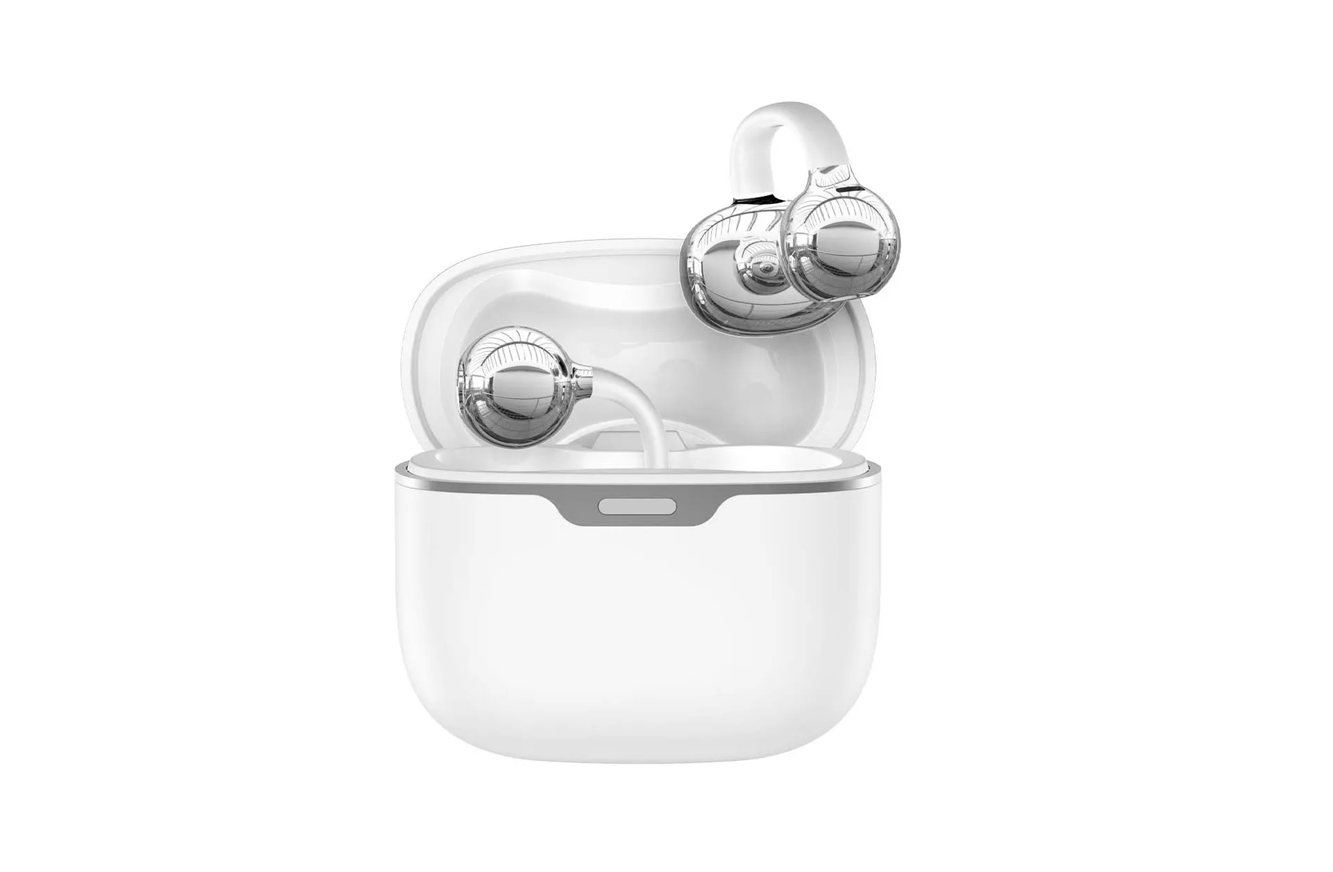 Fones de ouvido (brancos) com clipe, Bluetooth 6.0 e cancelamento de ruído por IA.