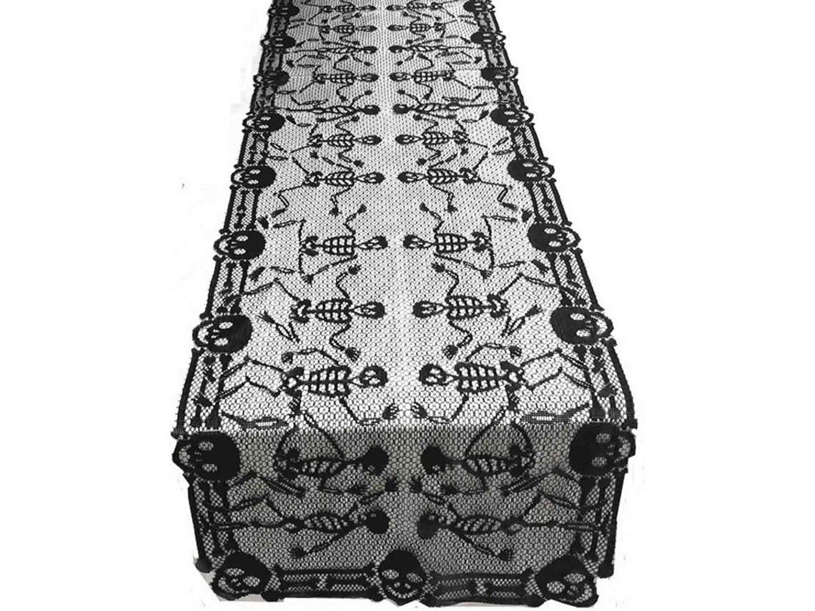 Mantel Para Mesa De Halloween, 18x80 Polegadas, Encaje Negro Com Design De Esqueleto Dançando Divertido