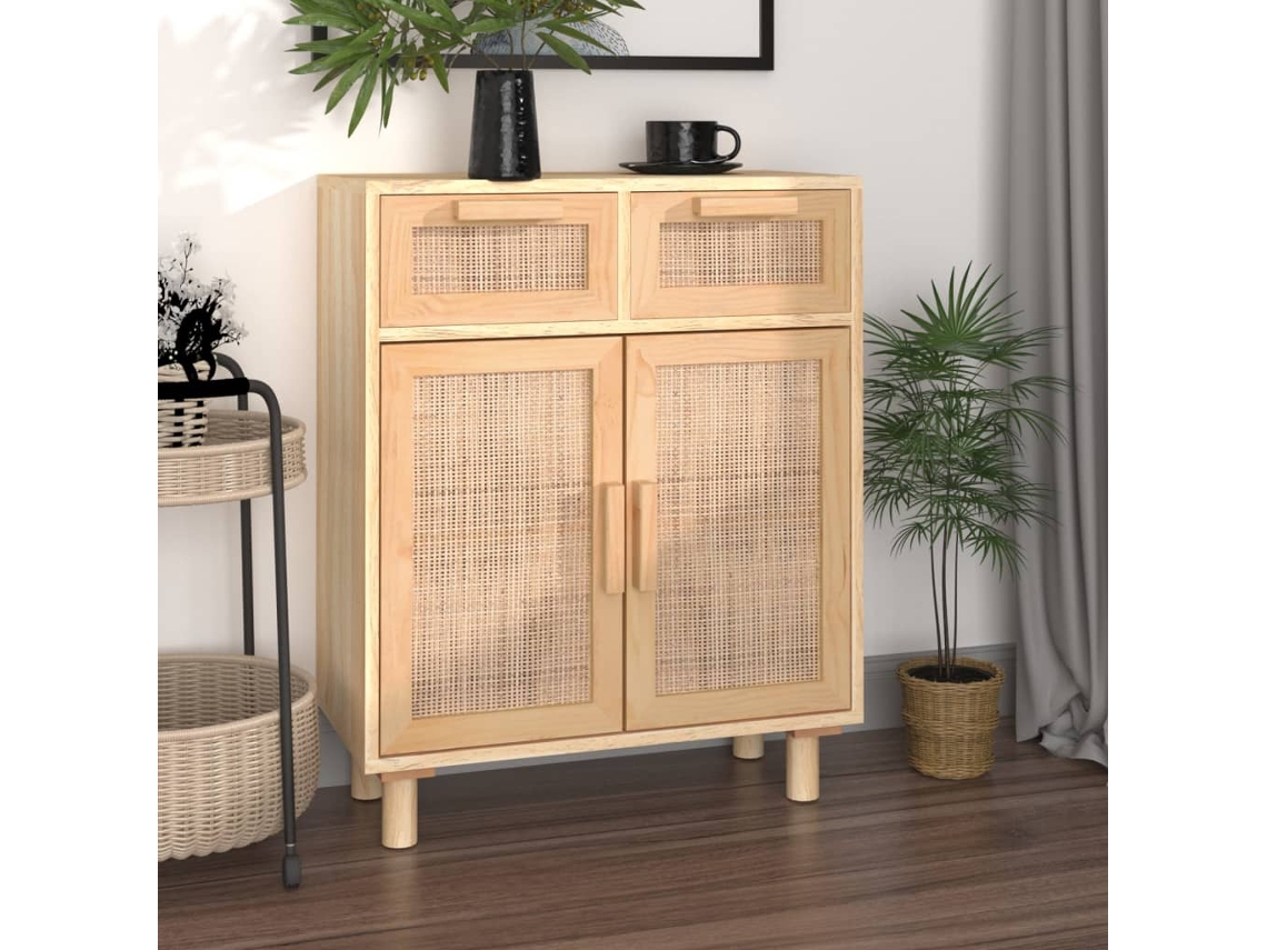 Aparador 60x30x75 cm Pino Macizo/Mimbre Natural Marrón