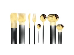 Conjunto de Talheres de Aço Inoxidável com 24 Peças, Incluindo Faca, Colher e Garfo. MDUG (ouro Negro)