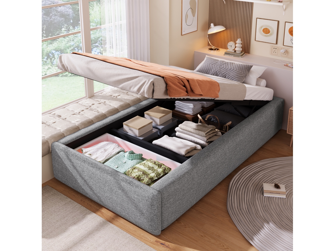 Cama Acolchoada Sem Colchao Com Ajuste Pneumatico, Encosto E Arrumacao Cinza 90x200cm Estilo E Bem-estar Garantido