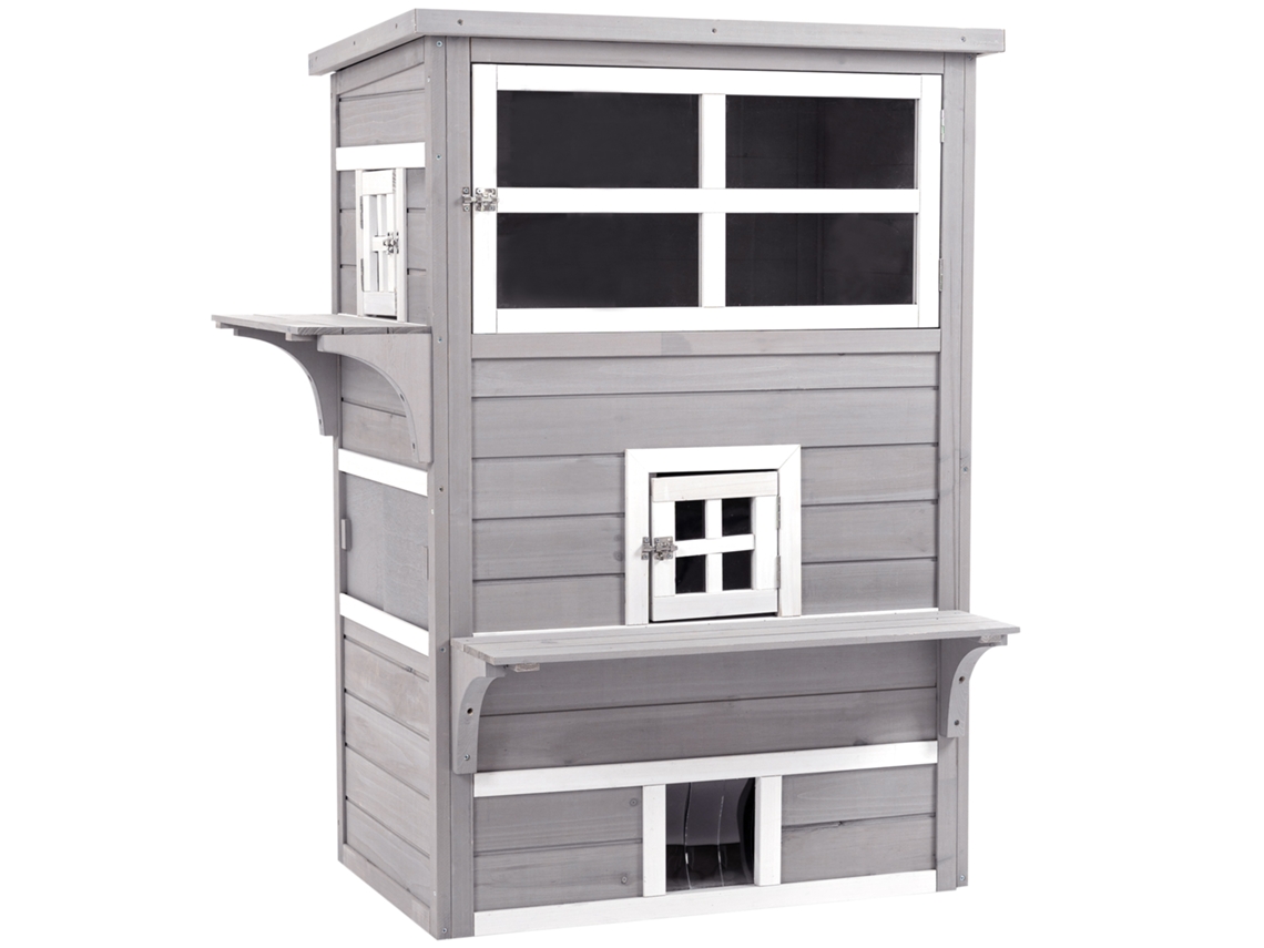 Casa para Gatos em Madeira Exterior 3 Andares com Entradas Janelas e 2 Plataformas 93,5x67x117cm Cinza E TOWN COMMERCE GMBH