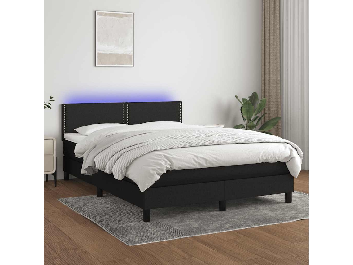 Vidaxl Cama Box Spring C/ Colchão E Led 140x200 Cm Tecido Preto
