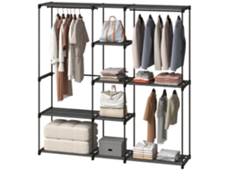 Guarda-roupa Aberto 182x43x185cm Com 8 Prateleiras Tecido E Barras, Estrutura Aço, Preto