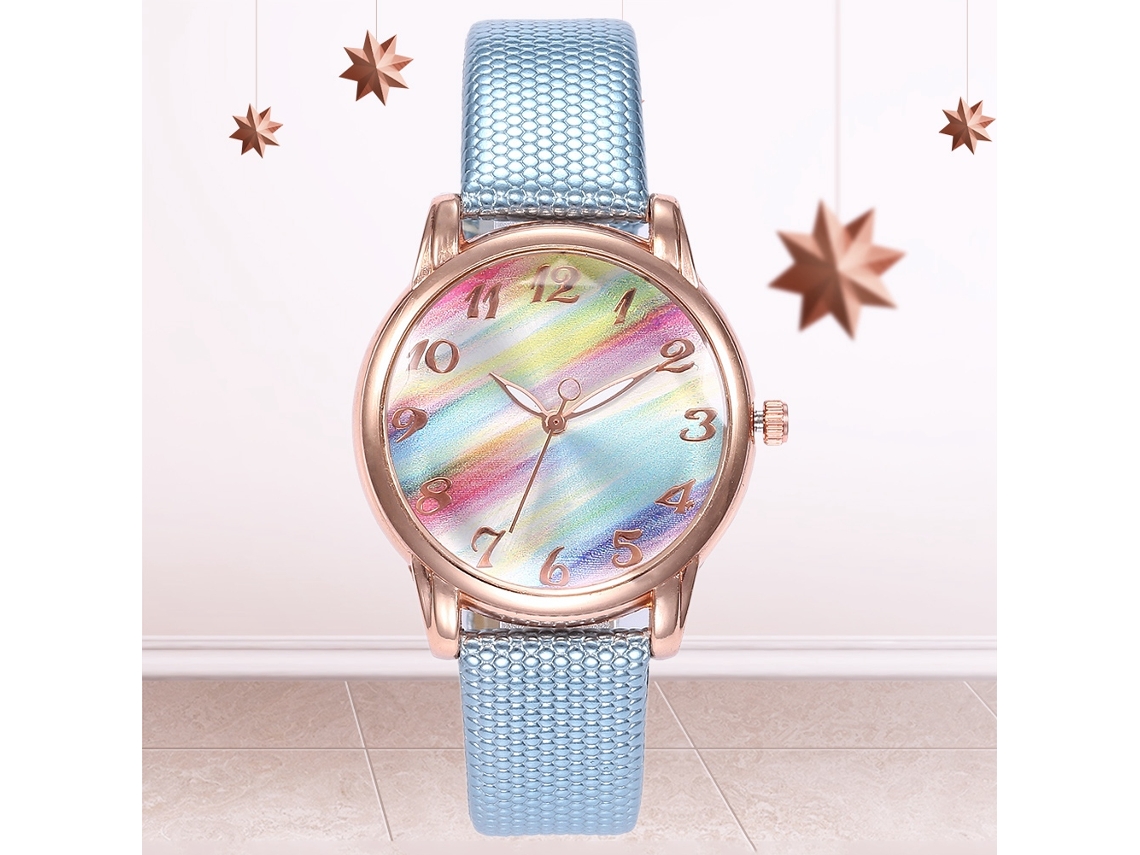 Relógio Feminino de Pulso Vansvar com Pulseira Pu Cor Azul Claro Dial Gradiente Quartzo