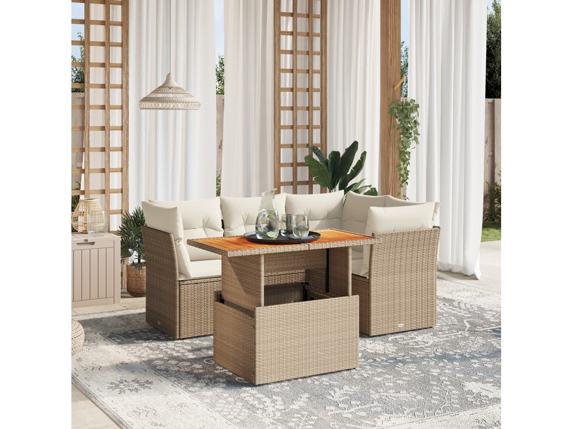 Vidaxl 5 Pcs Conjunto De Sofás P/ Jardim Com Almofadões Vime Pe Bege
