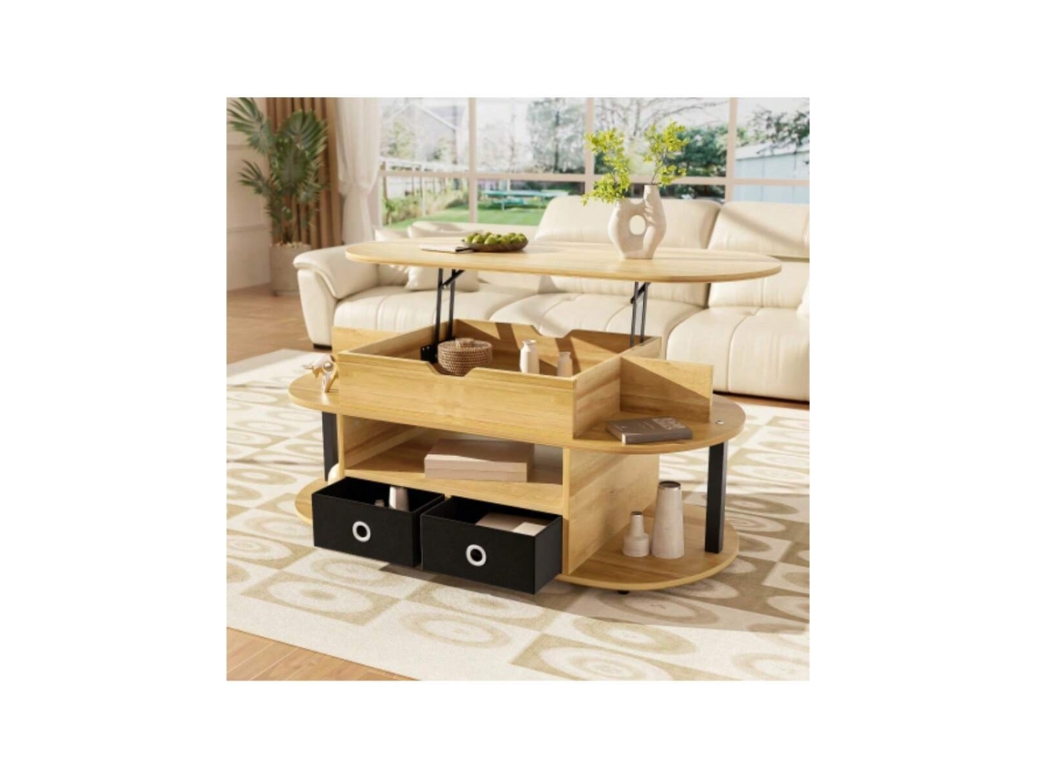 Mesa de centro elevatória com gavetas em tecido preto e efeito madeira, prática e moderna, ideal para sala de estar e escritório.